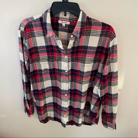 Madewell Tops - Womens Sz M Madewell Flannel Oversized Ex-Boy Friend plaid shirt Red/White/black